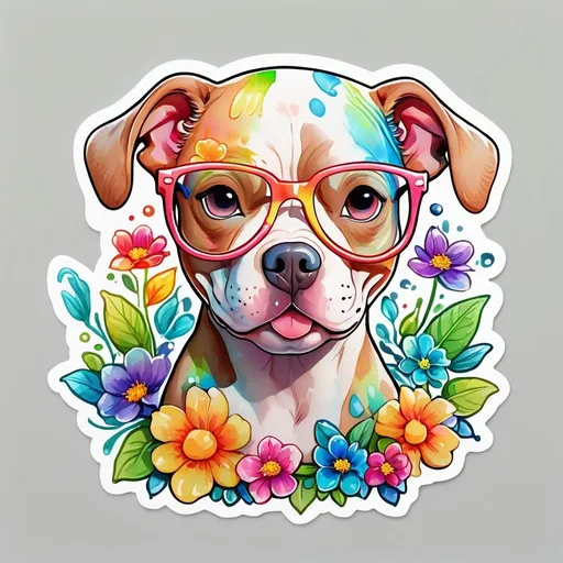 Prompt: STICKER, SOLID background, SHARP FOCUS of A Detailed kawaii watercolor of a Cute pitbull HEAD wearing GLASSES, Floral Splash, Rainbow Colors, Redbubble Sticker,Splash In Vibrant Colors, 3D Vector Art, Cute And Quirky, Adobe Illustrator, HandDrawn, Digital Painting, LowPoly, Soft Lighting, Bird'sEye View, Isometric Style, Retro Aesthetic, Focused On The Character, 4K Resolution,