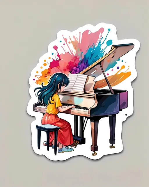 Prompt: STICKER, sticker design, SOLID background, WHITE BACKGROUND, SHARP FOCUS of A Detailed watercolor Tee shirt design anime girl playing piano. Minimalist anime style
Redbubble Sticker,Splash In Vibrant Colors, 3D Vector Art, Cute And Quirky, Adobe Illustrator, HandDrawn, Digital Painting, LowPoly, Soft Lighting, Bird'sEye View, Isometric Style, Retro Aesthetic, Focused On The Character, 4K Resolution,