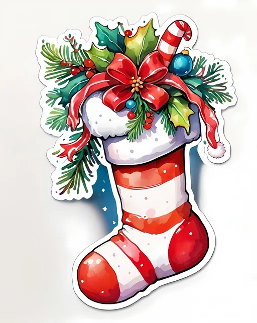 Prompt: STICKER, sticker deisgn, SOLID background, SHARP FOCUS of A Detailed watercolor Detailed, vibrant illustration of Watercolor artwork showcasing christmas stocking extremely quirky with red and white stripes and five pointed toes, intertwining the influential styles of cicely mary barker, h. r. giger, and beksiński, best quality, beautiful illustration 
 SOLID BACKGROUND< white background, SOLID BACKGROUND,  Floral Splash, Rainbow Colors, Redbubble Sticker,Splash In Vibrant Colors, 3D Vector Art, Cute And Quirky, Adobe Illustrator, HandDrawn, Digital Painting, LowPoly, Soft Lighting, Bird'sEye View, Isometric Style, Retro Aesthetic, Focused On The Character, 4K Resolution,