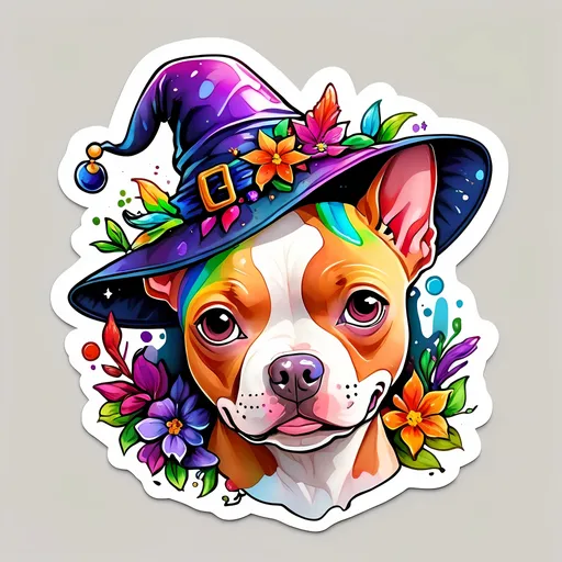 Prompt: STICKER, SOLID background, SHARP FOCUS of A Detailed kawaii watercolor of a Cute PITBULL HEAD WEARING A WITCH HAT, Floral Splash, Rainbow Colors, Redbubble Sticker,Splash In Vibrant Colors, 3D Vector Art, Cute And Quirky, Adobe Illustrator, HandDrawn, Digital Painting, LowPoly, Soft Lighting, Bird'sEye View, Isometric Style, Retro Aesthetic, Focused On The Character, 4K Resolution,