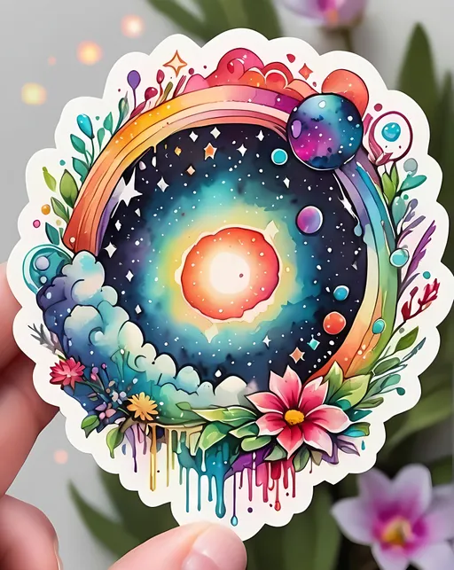 Prompt: STICKER, sticker design, SOLID background, SHARP FOCUS of A Detailed watercolor Dreamy ink drawing tattoo style image of a cosmic rainbow enveloping the universe and the mystical, magical,, feelings of deep love, spirit and soul, hues of white, twinkling stars, SOLID BACKGROUND< white background, Floral Splash, Rainbow Colors, Redbubble Sticker,Splash In Vibrant Colors, 3D Vector Art, Cute And Quirky, Adobe Illustrator, HandDrawn, Digital Painting, LowPoly, Soft Lighting, Bird'sEye View, Isometric Style, Retro Aesthetic, Focused On The Character, 4K Resolution,