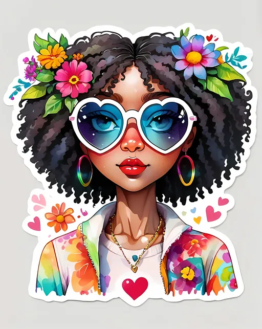 Prompt: STICKER, SOLID background, SHARP FOCUS of A Detailed watercolor cute black skinned afro hippie chick wearing heart shaped glasses , is SOLID BACKGROUND< white background, Floral Splash, Rainbow Colors, Redbubble Sticker,Splash In Vibrant Colors, 3D Vector Art, Cute And Quirky, Adobe Illustrator, HandDrawn, Digital Painting, LowPoly, Soft Lighting, Bird'sEye View, Isometric Style, Retro Aesthetic, Focused On The Character, 4K Resolution,