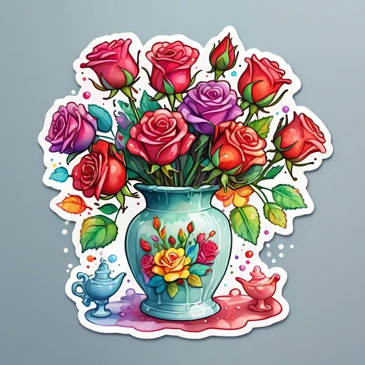 Prompt: STICKER, SOLID background, SHARP FOCUS of A Detailed watercolor of a kawaii vase of red roses, Floral Splash, Rainbow Colors, Redbubble Sticker,Splash In Vibrant Colors, 3D Vector Art, Cute And Quirky, Adobe Illustrator, HandDrawn, Digital Painting, LowPoly, Soft Lighting, Bird'sEye View, Isometric Style, Retro Aesthetic, Focused On The Character, 4K Resolution,