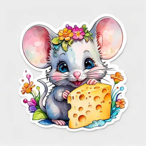 Prompt: STICKER, SOLID background, SHARP FOCUS of A Detailed watercolor of cute mouse holding a piece of cheese, Floral Splash, Rainbow Colors, Redbubble Sticker,Splash In Vibrant Colors, 3D Vector Art, Cute And Quirky, Adobe Illustrator, HandDrawn, Digital Painting, LowPoly, Soft Lighting, Bird'sEye View, Isometric Style, Retro Aesthetic, Focused On The Character, 4K Resolution,