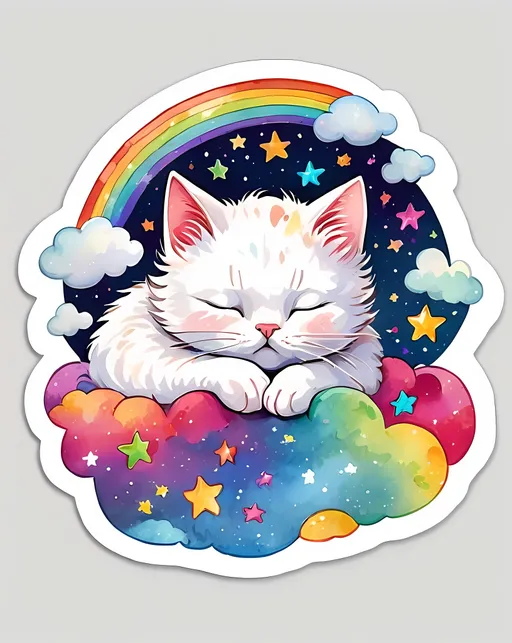 Prompt: STICKER, SOLID background, SHARP FOCUS of A Detailed watercolor cute of cat sleeping on a cloud in the night sky with stars , is SOLID BACKGROUND< white background, Floral Splash, Rainbow Colors, Redbubble Sticker,Splash In Vibrant Colors, 3D Vector Art, Cute And Quirky, Adobe Illustrator, HandDrawn, Digital Painting, LowPoly, Soft Lighting, Bird'sEye View, Isometric Style, Retro Aesthetic, Focused On The Character, 4K Resolution,