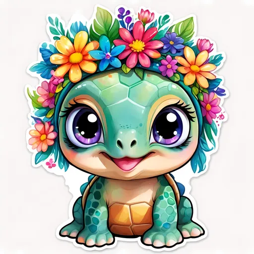 Prompt: STICKER, SOLID background, SHARP FOCUS of A Detailed watercolor cute baby turtle with big eyes and wearing a flower crown, Floral Splash, Rainbow Colors, Redbubble Sticker,Splash In Vibrant Colors, 3D Vector Art, Cute And Quirky, Adobe Illustrator, HandDrawn, Digital Painting, LowPoly, Soft Lighting, Bird'sEye View, Isometric Style, Retro Aesthetic, Focused On The Character, 4K Resolution,