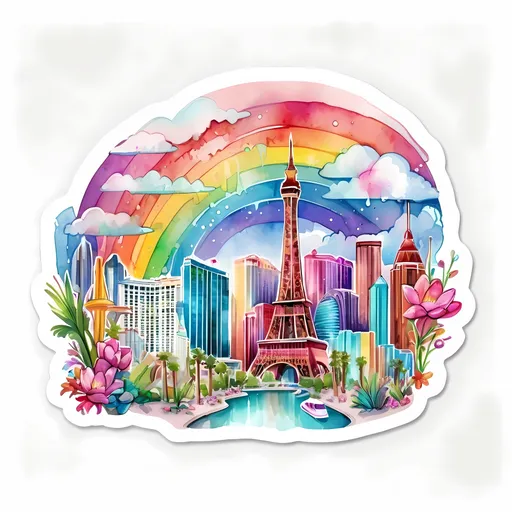 Prompt: STICKER, SOLID background, SHARP FOCUS of A Detailed watercolor cute futuristic las vegas CITY, SOLID BACKGROUND< white background, Floral Splash, Rainbow Colors, Redbubble Sticker,Splash In Vibrant Colors, 3D Vector Art, Cute And Quirky, Adobe Illustrator, HandDrawn, Digital Painting, LowPoly, Soft Lighting, Bird'sEye View, Isometric Style, Retro Aesthetic, Focused On The Character, 4K Resolution,