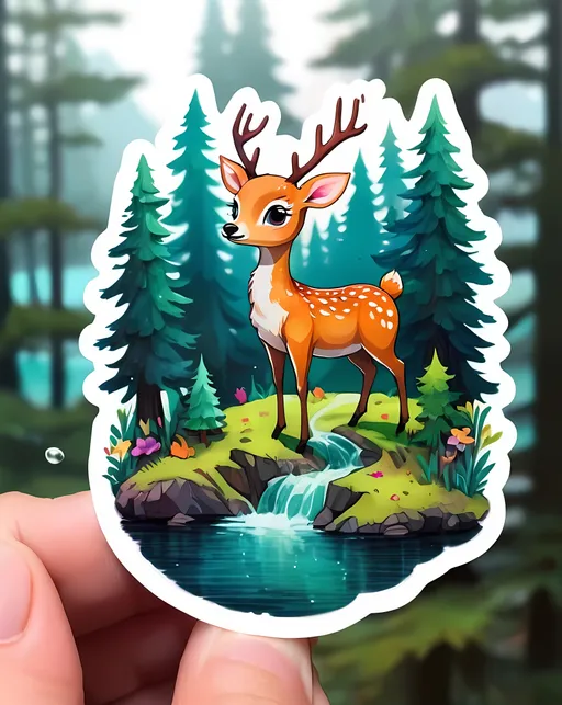 Prompt: STICKER, SOLID background, SHARP FOCUS of A Detailed watercolor of kawaii sticker Minimal, cinematic, a deer among the trees, forest lake, moss, cold weather, dark teal and amber, sony a7 iv

 SOLID BACKGROUND< white background, Floral Splash, Rainbow Colors, Redbubble Sticker,Splash In Vibrant Colors, 3D Vector Art, Cute And Quirky, Adobe Illustrator, HandDrawn, Digital Painting, LowPoly, Soft Lighting, Bird'sEye View, Isometric Style, Retro Aesthetic, Focused On The Character, 4K Resolution,