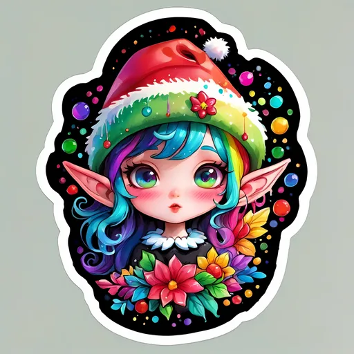 Prompt: STICKER, SOLID background, SHARP FOCUS of A Detailed kawaii watercolor of black kawaii elf wearing a santa hat , Floral Splash, Rainbow Colors, Redbubble Sticker,Splash In Vibrant Colors, 3D Vector Art, Cute And Quirky, Adobe Illustrator, HandDrawn, Digital Painting, LowPoly, Soft Lighting, Bird'sEye View, Isometric Style, Retro Aesthetic, Focused On The Character, 4K Resolution,