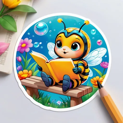 Prompt: STICKER, SOLID background, SHARP FOCUS of A Detailed watercolor cute lonely bubble bee reading a book on a bench, SOLID BACKGROUND< white background, Floral Splash, Rainbow Colors, Redbubble Sticker,Splash In Vibrant Colors, 3D Vector Art, Cute And Quirky, Adobe Illustrator, HandDrawn, Digital Painting, LowPoly, Soft Lighting, Bird'sEye View, Isometric Style, Retro Aesthetic, Focused On The Character, 4K Resolution,