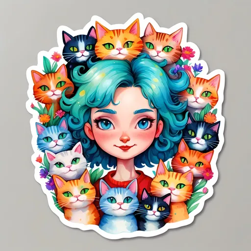 Prompt: STICKER, SOLID background, SHARP FOCUS of A Detailed watercolor cute crazy cat lady , a lady head surrounded by cats, she is the definition of a crazy cat lady, maybe she even has crazy hair like alber einstein, Floral Splash, Rainbow Colors, Redbubble Sticker,Splash In Vibrant Colors, 3D Vector Art, Cute And Quirky, Adobe Illustrator, HandDrawn, Digital Painting, LowPoly, Soft Lighting, Bird'sEye View, Isometric Style, Retro Aesthetic, Focused On The Character, 4K Resolution,