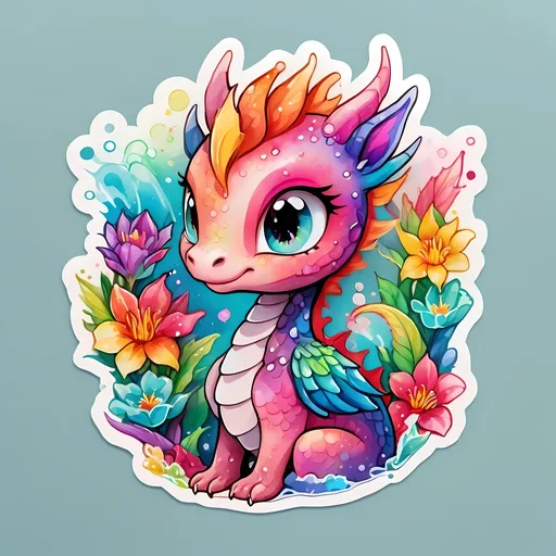 Prompt: STICKER, SOLID background, SHARP FOCUS of A Detailed kawaii watercolor of dragon , Floral Splash, Rainbow Colors, Redbubble Sticker,Splash In Vibrant Colors, 3D Vector Art, Cute And Quirky, Adobe Illustrator, HandDrawn, Digital Painting, LowPoly, Soft Lighting, Bird'sEye View, Isometric Style, Retro Aesthetic, Focused On The Character, 4K Resolution,