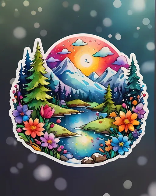 Prompt: STICKER, sticker design, SOLID background, SHARP FOCUS of A Detailed watercolor Tee shirt design snowy midnight scene in winter, surreal style, Floral Splash, Rainbow Colors, Redbubble Sticker,Splash In Vibrant Colors, 3D Vector Art, Cute And Quirky, Adobe Illustrator, HandDrawn, Digital Painting, LowPoly, Soft Lighting, Bird'sEye View, Isometric Style, Retro Aesthetic, Focused On The Character, 4K Resolution,