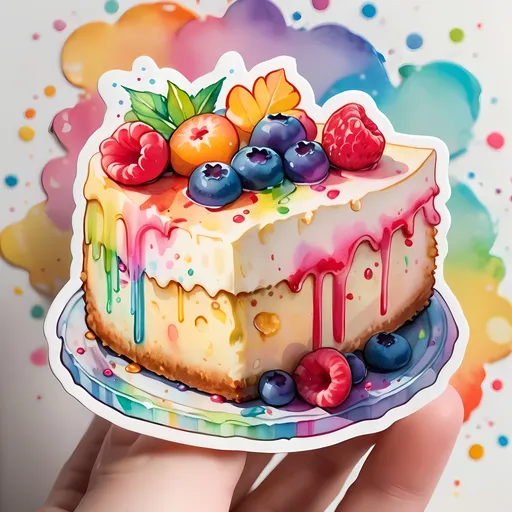 Prompt: STICKER, SOLID background, SHARP FOCUS of A Detailed watercolor cute cheesecake, Floral Splash, Rainbow Colors, Redbubble Sticker,Splash In Vibrant Colors, 3D Vector Art, Cute And Quirky, Adobe Illustrator, HandDrawn, Digital Painting, LowPoly, Soft Lighting, Bird'sEye View, Isometric Style, Retro Aesthetic, Focused On The Character, 4K Resolution,