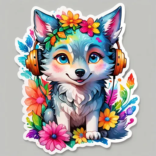 Prompt: STICKER, SOLID background, SHARP FOCUS of A Detailed watercolor cute wolf DJ, Floral Splash, Rainbow Colors, Redbubble Sticker,Splash In Vibrant Colors, 3D Vector Art, Cute And Quirky, Adobe Illustrator, HandDrawn, Digital Painting, LowPoly, Soft Lighting, Bird'sEye View, Isometric Style, Retro Aesthetic, Focused On The Character, 4K Resolution,