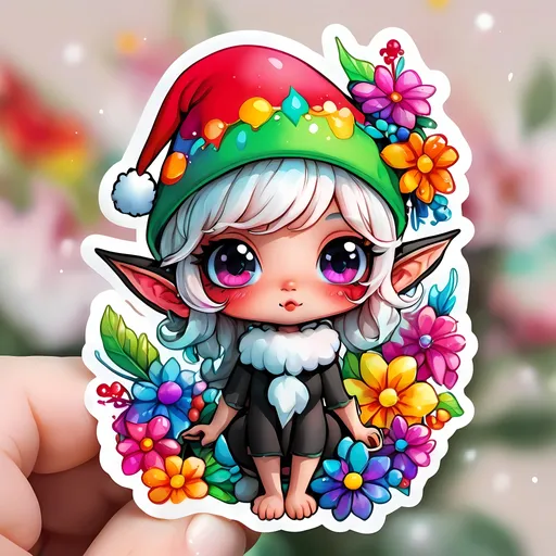 Prompt: STICKER, SOLID background, SHARP FOCUS of A Detailed kawaii watercolor of black kawaii elf wearing a santa hat , Floral Splash, Rainbow Colors, Redbubble Sticker,Splash In Vibrant Colors, 3D Vector Art, Cute And Quirky, Adobe Illustrator, HandDrawn, Digital Painting, LowPoly, Soft Lighting, Bird'sEye View, Isometric Style, Retro Aesthetic, Focused On The Character, 4K Resolution,