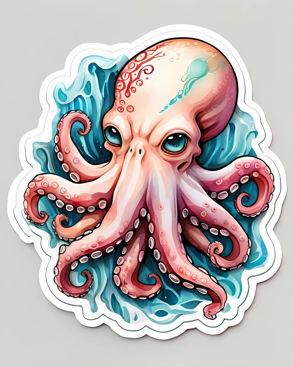 Prompt: STICKER, sticker design, SOLID background, white background, SHARP FOCUS of A Detailed watercolor, Tattoo watercolor octopus 3D Vector Art, Cute And Quirky, Adobe Illustrator, HandDrawn, Digital Painting, LowPoly, Soft Lighting, Bird'sEye View, Isometric Style, Retro Aesthetic, Focused On The Character, 4K Resolution, STICKER DESIGN SOLID WHITE BACKground 