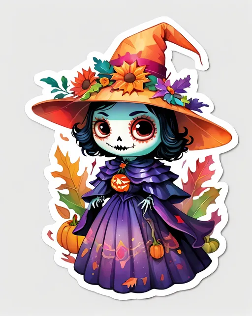 Prompt: STICKER, sticker deisgn, SOLID background, SHARP FOCUS of A Detailed watercolor spooky dat o the dead mexican tradition crow scary autumn, Evil witch queen scarecrows vintage clothes jack o lantern png swirling magical fairytale abstract art style
 SOLID BACKGROUND< white background, SOLID BACKGROUND,  Floral Splash, Rainbow Colors, Redbubble Sticker,Splash In Vibrant Colors, 3D Vector Art, Cute And Quirky, Adobe Illustrator, HandDrawn, Digital Painting, LowPoly, Soft Lighting, Bird'sEye View, Isometric Style, Retro Aesthetic, Focused On The Character, 4K Resolution,