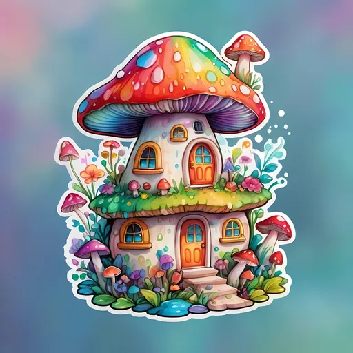 Prompt: STICKER, SOLID background, SHARP FOCUS of A Detailed kawaii watercolor of trippy mushroom house, Floral Splash, Rainbow Colors, Redbubble Sticker,Splash In Vibrant Colors, 3D Vector Art, Cute And Quirky, Adobe Illustrator, HandDrawn, Digital Painting, LowPoly, Soft Lighting, Bird'sEye View, Isometric Style, Retro Aesthetic, Focused On The Character, 4K Resolution,