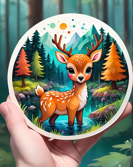 Prompt: STICKER, SOLID background, SHARP FOCUS of A Detailed watercolor of kawaii sticker Minimal, cinematic, a deer among the trees, forest lake, moss, cold weather, dark teal and amber, sony a7 iv

 SOLID BACKGROUND< white background, Floral Splash, Rainbow Colors, Redbubble Sticker,Splash In Vibrant Colors, 3D Vector Art, Cute And Quirky, Adobe Illustrator, HandDrawn, Digital Painting, LowPoly, Soft Lighting, Bird'sEye View, Isometric Style, Retro Aesthetic, Focused On The Character, 4K Resolution,