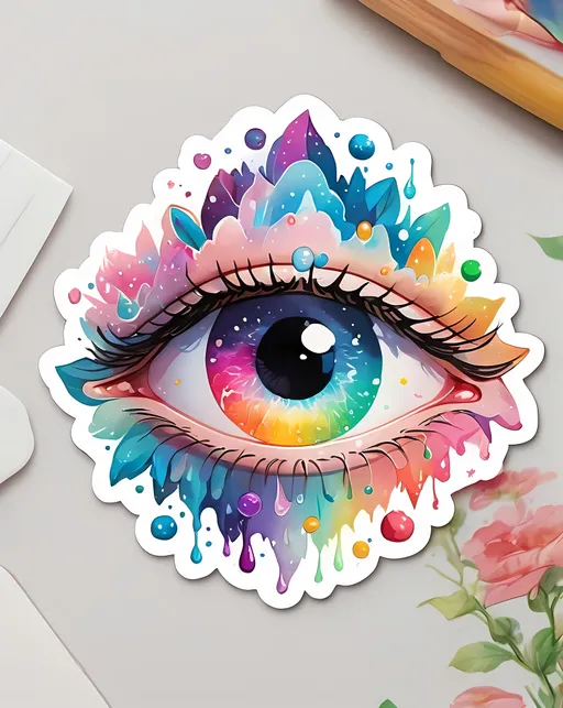 Prompt: STICKER, SOLID background, SHARP FOCUS of A Detailed watercolor of kawaii galaxy emerging from his third eye, pastel hues by rene margritte.
 SOLID BACKGROUND< white background, Floral Splash, Rainbow Colors, Redbubble Sticker,Splash In Vibrant Colors, 3D Vector Art, Cute And Quirky, Adobe Illustrator, HandDrawn, Digital Painting, LowPoly, Soft Lighting, Bird'sEye View, Isometric Style, Retro Aesthetic, Focused On The Character, 4K Resolution,