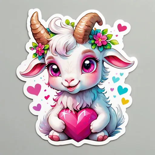 Prompt: STICKER, SOLID background, SHARP FOCUS of A Detailed watercolor of cute goat sitting down with a bow on top of head with bright big pink eyes and holding a beautiful pink sparkly heart, SOLID BACKGROUND< white background, Floral Splash, Rainbow Colors, Redbubble Sticker,Splash In Vibrant Colors, 3D Vector Art, Cute And Quirky, Adobe Illustrator, HandDrawn, Digital Painting, LowPoly, Soft Lighting, Bird'sEye View, Isometric Style, Retro Aesthetic, Focused On The Character, 4K Resolution,