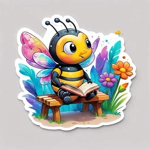 Prompt: STICKER, SOLID background, SHARP FOCUS of A Detailed watercolor cute lonely bubble bee reading a book on a bench, SOLID BACKGROUND< white background, Floral Splash, Rainbow Colors, Redbubble Sticker,Splash In Vibrant Colors, 3D Vector Art, Cute And Quirky, Adobe Illustrator, HandDrawn, Digital Painting, LowPoly, Soft Lighting, Bird'sEye View, Isometric Style, Retro Aesthetic, Focused On The Character, 4K Resolution,