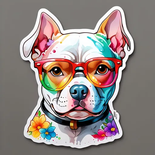 Prompt: STICKER, SOLID background, SHARP FOCUS of A Detailed kawaii watercolor of a Cute pitbull HEAD wearing GLASSES, Floral Splash, Rainbow Colors, Redbubble Sticker,Splash In Vibrant Colors, 3D Vector Art, Cute And Quirky, Adobe Illustrator, HandDrawn, Digital Painting, LowPoly, Soft Lighting, Bird'sEye View, Isometric Style, Retro Aesthetic, Focused On The Character, 4K Resolution,
