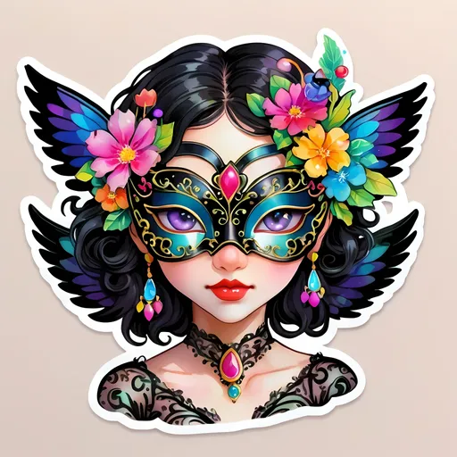 Prompt: STICKER, SOLID background, SHARP FOCUS of A Detailed watercolor of a kawaii black angel woman in a richly decorated masquerade mask. the mask has high detail, Floral Splash, Rainbow Colors, Redbubble Sticker,Splash In Vibrant Colors, 3D Vector Art, Cute And Quirky, Adobe Illustrator, HandDrawn, Digital Painting, LowPoly, Soft Lighting, Bird'sEye View, Isometric Style, Retro Aesthetic, Focused On The Character, 4K Resolution,