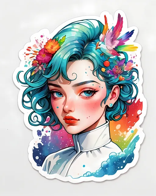 Prompt: STICKER, sticker design, SOLID background, white background, SHARP FOCUS of A Detailed watercolor, stylish haute couture outfit in the style of 90's vintage anime, surrealism, akira style. detailed line art. fine details. inside an exploding nebula SOLID BACKGROUND< white background, Floral Splash, Rainbow Colors, Redbubble Sticker,Splash In Vibrant Colors, 3D Vector Art, Cute And Quirky, Adobe Illustrator, HandDrawn, Digital Painting, LowPoly, Soft Lighting, Bird'sEye View, Isometric Style, Retro Aesthetic, Focused On The Character, 4K Resolution, STICKER DESIGN SOLID WHITE BACKground 