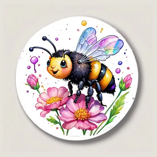 Prompt: STICKER, SOLID background, SHARP FOCUS of A Detailed watercolor cute lonely bubble bee painting a painting, the canvas is on an easel, the bumble bee has paint brushes in hand, is SOLID BACKGROUND< white background, Floral Splash, Rainbow Colors, Redbubble Sticker,Splash In Vibrant Colors, 3D Vector Art, Cute And Quirky, Adobe Illustrator, HandDrawn, Digital Painting, LowPoly, Soft Lighting, Bird'sEye View, Isometric Style, Retro Aesthetic, Focused On The Character, 4K Resolution,