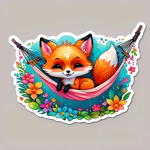 Prompt: STICKER, SOLID background, SHARP FOCUS of A Detailed kawaii watercolor of a Cute TINY FOX RELAXING IN A HAMMOCK, Floral Splash, Rainbow Colors, Redbubble Sticker,Splash In Vibrant Colors, 3D Vector Art, Cute And Quirky, Adobe Illustrator, HandDrawn, Digital Painting, LowPoly, Soft Lighting, Bird'sEye View, Isometric Style, Retro Aesthetic, Focused On The Character, 4K Resolution,