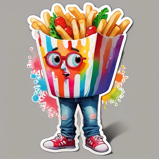 Prompt: STICKER, SOLID background, SHARP FOCUS of A Detailed watercolor of a man with french fries as a head, frenchi fries head, wearing a cool urban t shirt and pants, full body,  Floral Splash, Rainbow Colors, Redbubble Sticker,Splash In Vibrant Colors, 3D Vector Art, Cute And Quirky, Adobe Illustrator, HandDrawn, Digital Painting, LowPoly, Soft Lighting, Bird'sEye View, Isometric Style, Retro Aesthetic, Focused On The Character, 4K Resolution,