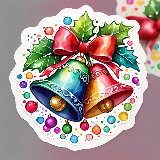 Prompt: STICKER, SOLID background, SHARP FOCUS of A Detailed watercolor of a kawaii jingle bells with holly , Floral Splash, Rainbow Colors, Redbubble Sticker,Splash In Vibrant Colors, 3D Vector Art, Cute And Quirky, Adobe Illustrator, HandDrawn, Digital Painting, LowPoly, Soft Lighting, Bird'sEye View, Isometric Style, Retro Aesthetic, Focused On The Character, 4K Resolution,