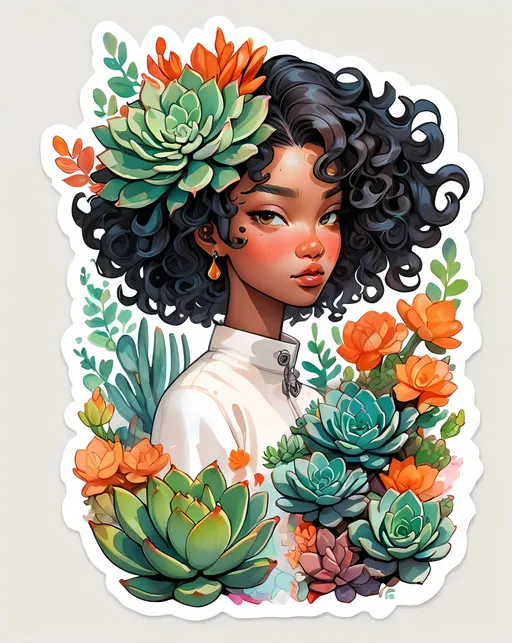 Prompt: STICKER, sticker design, SOLID background, white background, SHARP FOCUS of A Detailed watercolor, RetroBeautiful cute front portrait black skinned afro korean succulents, big long curly leafs, herbs pastel colors, flowers orange by victo ngai, kilian eng, dynamic lighting, digital art, art by james jean, takato yamamoto, inkpunk minimalism, high resolution 8k, SOLID BACKGROUND< white background, Floral Splash, Rainbow Colors, Redbubble Sticker,Splash In Vibrant Colors, 3D Vector Art, Cute And Quirky, Adobe Illustrator, HandDrawn, Digital Painting, LowPoly, Soft Lighting, Bird'sEye View, Isometric Style, Retro Aesthetic, Focused On The Character, 4K Resolution, STICKER DESIGN SOLID WHITE BACKground 