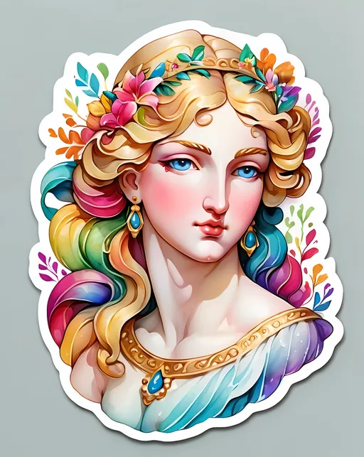 Prompt: STICKER, sticker design, SOLID background, SHARP FOCUS of A Detailed watercolor  marble statue of aphrodite, close-up, with gold-plated parts. greek art, Floral Splash, Rainbow Colors, Redbubble Sticker,Splash In Vibrant Colors, 3D Vector Art, Cute And Quirky, Adobe Illustrator, HandDrawn, Digital Painting, LowPoly, Soft Lighting, Bird'sEye View, Isometric Style, Retro Aesthetic, Focused On The Character, 4K Resolution,