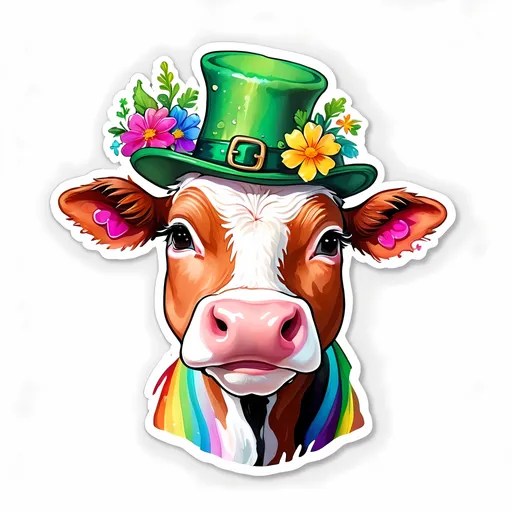 Prompt: STICKER, SOLID background, SHARP FOCUS of A Detailed watercolor of cute cow wearing a st patties day hat, Floral Splash, Rainbow Colors, Redbubble Sticker,Splash In Vibrant Colors, 3D Vector Art, Cute And Quirky, Adobe Illustrator, HandDrawn, Digital Painting, LowPoly, Soft Lighting, Bird'sEye View, Isometric Style, Retro Aesthetic, Focused On The Character, 4K Resolution,