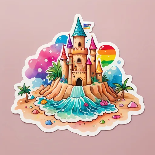 Prompt: STICKER, SOLID background, SHARP FOCUS of A Detailed kawaii watercolor of a Cute SANDCASTLE, Floral Splash, Rainbow Colors, Redbubble Sticker,Splash In Vibrant Colors, 3D Vector Art, Cute And Quirky, Adobe Illustrator, HandDrawn, Digital Painting, LowPoly, Soft Lighting, Bird'sEye View, Isometric Style, Retro Aesthetic, Focused On The Character, 4K Resolution,