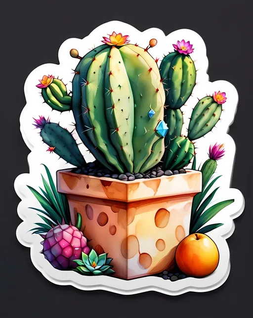 Prompt: STICKER, sticker design, SOLID background, white background, SHARP FOCUS of A Detailed watercolor,square flat design logo, materialistic icon style, flat style, solid black background, a The cacti fruit, sabra pear, Adobe Illustrator, HandDrawn, Digital Painting, LowPoly, Soft Lighting, Bird'sEye View, Isometric Style, Retro Aesthetic, Focused On The Character, 4K Resolution, STICKER DESIGN SOLID WHITE BACKground 