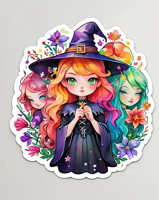 Prompt: STICKER, SOLID background, sticker design, SHARP FOCUS of A Detailed watercolor of kawaii Floral artistic image of fairy-tale style witches' coven
 SOLID BACKGROUND< white background, Floral Splash, Rainbow Colors, Redbubble Sticker,Splash In Vibrant Colors, 3D Vector Art, Cute And Quirky, Adobe Illustrator, HandDrawn, Digital Painting, LowPoly, Soft Lighting, Bird'sEye View, Isometric Style, Retro Aesthetic, Focused On The Character, 4K Resolution,