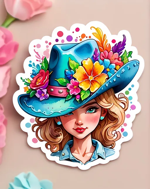 Prompt: STICKER, SOLID background, SHARP FOCUS of A Detailed kawaii watercolor of cowgirl hat , Floral Splash, Rainbow Colors, Redbubble Sticker,Splash In Vibrant Colors, 3D Vector Art, Cute And Quirky, Adobe Illustrator, HandDrawn, Digital Painting, LowPoly, Soft Lighting, Bird'sEye View, Isometric Style, Retro Aesthetic, Focused On The Character, 4K Resolution,