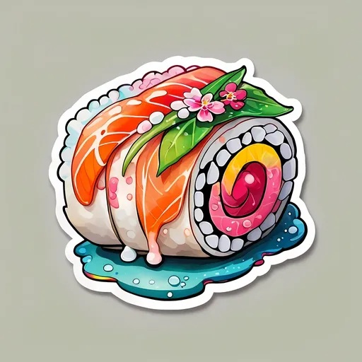 Prompt: STICKER, SOLID background, SHARP FOCUS of A Detailed watercolor of cute happy sushi roll, Floral Splash, Rainbow Colors, Redbubble Sticker,Splash In Vibrant Colors, 3D Vector Art, Cute And Quirky, Adobe Illustrator, HandDrawn, Digital Painting, LowPoly, Soft Lighting, Bird'sEye View, Isometric Style, Retro Aesthetic, Focused On The Character, 4K Resolution,