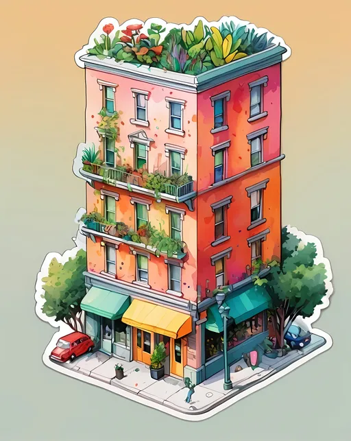 Prompt: STICKER, sticker deisgn, SOLID background, SHARP FOCUS of A Detailed watercolor Detailed, vibrant illustration of a nyc building full of plants, trees, by herge, in the style of tin-tin comics, vibrant colors, detailed, lots of people, sunny day, beautiful illustration 
 SOLID BACKGROUND< white background, SOLID BACKGROUND,  Floral Splash, Rainbow Colors, Redbubble Sticker,Splash In Vibrant Colors, 3D Vector Art, Cute And Quirky, Adobe Illustrator, HandDrawn, Digital Painting, LowPoly, Soft Lighting, Bird'sEye View, Isometric Style, Retro Aesthetic, Focused On The Character, 4K Resolution,