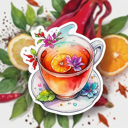 Prompt: STICKER, SOLID background, SHARP FOCUS of A Detailed watercolor of spicy winter tea bag, SOLID BACKGROUND< white background, Floral Splash, Rainbow Colors, Redbubble Sticker,Splash In Vibrant Colors, 3D Vector Art, Cute And Quirky, Adobe Illustrator, HandDrawn, Digital Painting, LowPoly, Soft Lighting, Bird'sEye View, Isometric Style, Retro Aesthetic, Focused On The Character, 4K Resolution,