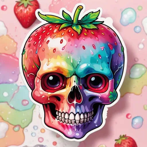 Prompt: STICKER, SOLID background, SHARP FOCUS of A Detailed kawaii watercolor of a strawberry skull, Rainbow Colors, Redbubble Sticker,Splash In Vibrant Colors, 3D Vector Art, Cute And Quirky, Adobe Illustrator, HandDrawn, Digital Painting, LowPoly, Soft Lighting, Bird'sEye View, Isometric Style, Retro Aesthetic, Focused On The Character, 4K Resolution,