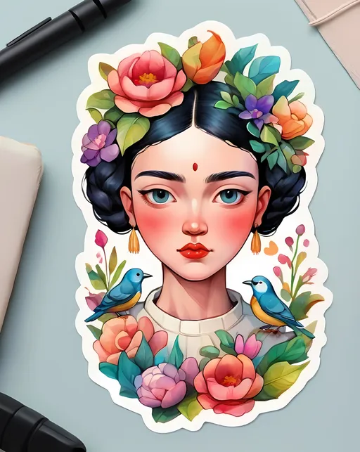 Prompt: STICKER, SOLID background, SHARP FOCUS of A Detailed watercolor of kawaii Minimalist surreal vintage drawing, serene muted colors, european mythology style, add birds, ultra high definition 8k, simplistic design by frida kahlo
 SOLID BACKGROUND< white background, Floral Splash, Rainbow Colors, Redbubble Sticker,Splash In Vibrant Colors, 3D Vector Art, Cute And Quirky, Adobe Illustrator, HandDrawn, Digital Painting, LowPoly, Soft Lighting, Bird'sEye View, Isometric Style, Retro Aesthetic, Focused On The Character, 4K Resolution,