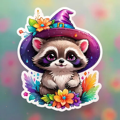 Prompt: STICKER, SOLID background, SHARP FOCUS of A Detailed kawaii watercolor of a Cute TINY RACOON WEARING A WITCH HAT, Floral Splash, Rainbow Colors, Redbubble Sticker,Splash In Vibrant Colors, 3D Vector Art, Cute And Quirky, Adobe Illustrator, HandDrawn, Digital Painting, LowPoly, Soft Lighting, Bird'sEye View, Isometric Style, Retro Aesthetic, Focused On The Character, 4K Resolution,