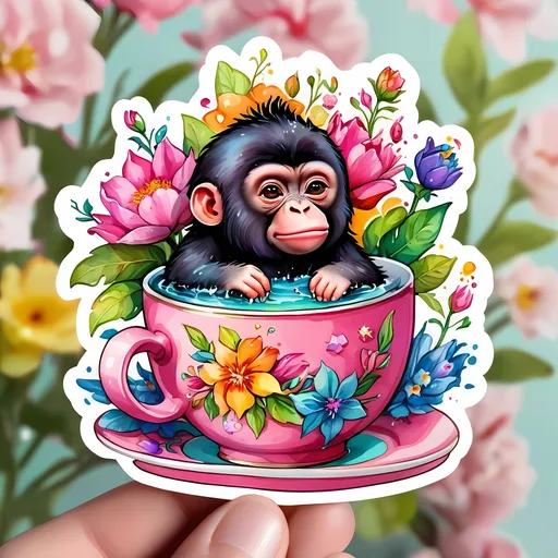 Prompt: STICKER, SOLID background, SHARP FOCUS of A Detailed watercolor of cute gorrillas in a pink tea cup , Floral Splash, Rainbow Colors, Redbubble Sticker,Splash In Vibrant Colors, 3D Vector Art, Cute And Quirky, Adobe Illustrator, HandDrawn, Digital Painting, LowPoly, Soft Lighting, Bird'sEye View, Isometric Style, Retro Aesthetic, Focused On The Character, 4K Resolution,