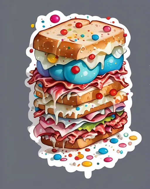 Prompt: STICKER, sticker design, SOLID background, WHITE BACKGROUND, SHARP FOCUS of A Detailed watercolor Tee shirt design A very tall sandwich made out of party balloons, confetti and bacon explosion, surreal, product photography

Redbubble Sticker,Splash In Vibrant Colors, 3D Vector Art, Cute And Quirky, Adobe Illustrator, HandDrawn, Digital Painting, LowPoly, Soft Lighting, Bird'sEye View, Isometric Style, Retro Aesthetic, Focused On The Character, 4K Resolution,