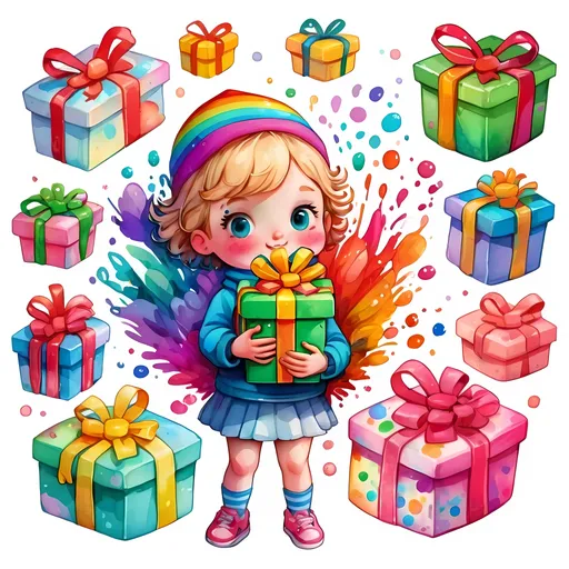 Prompt: STICKER, SOLID background, SHARP FOCUS of A Detailed watercolor of a cute kids holding a stack of presents,  Floral Splash, Rainbow Colors, Redbubble Sticker,Splash In Vibrant Colors, 3D Vector Art, Cute And Quirky, Adobe Illustrator, HandDrawn, Digital Painting, LowPoly, Soft Lighting, Bird'sEye View, Isometric Style, Retro Aesthetic, Focused On The Character, 4K Resolution,